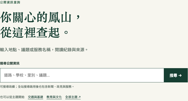 Public search on huiwen.tw: visitors can enter a place, issue or service, or browse by topic.